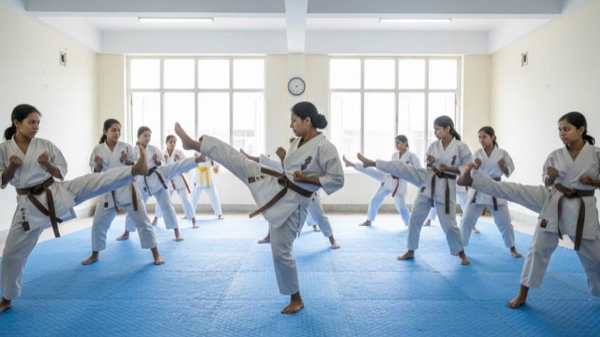 Karate training session for the Kishore Kishori Club Project