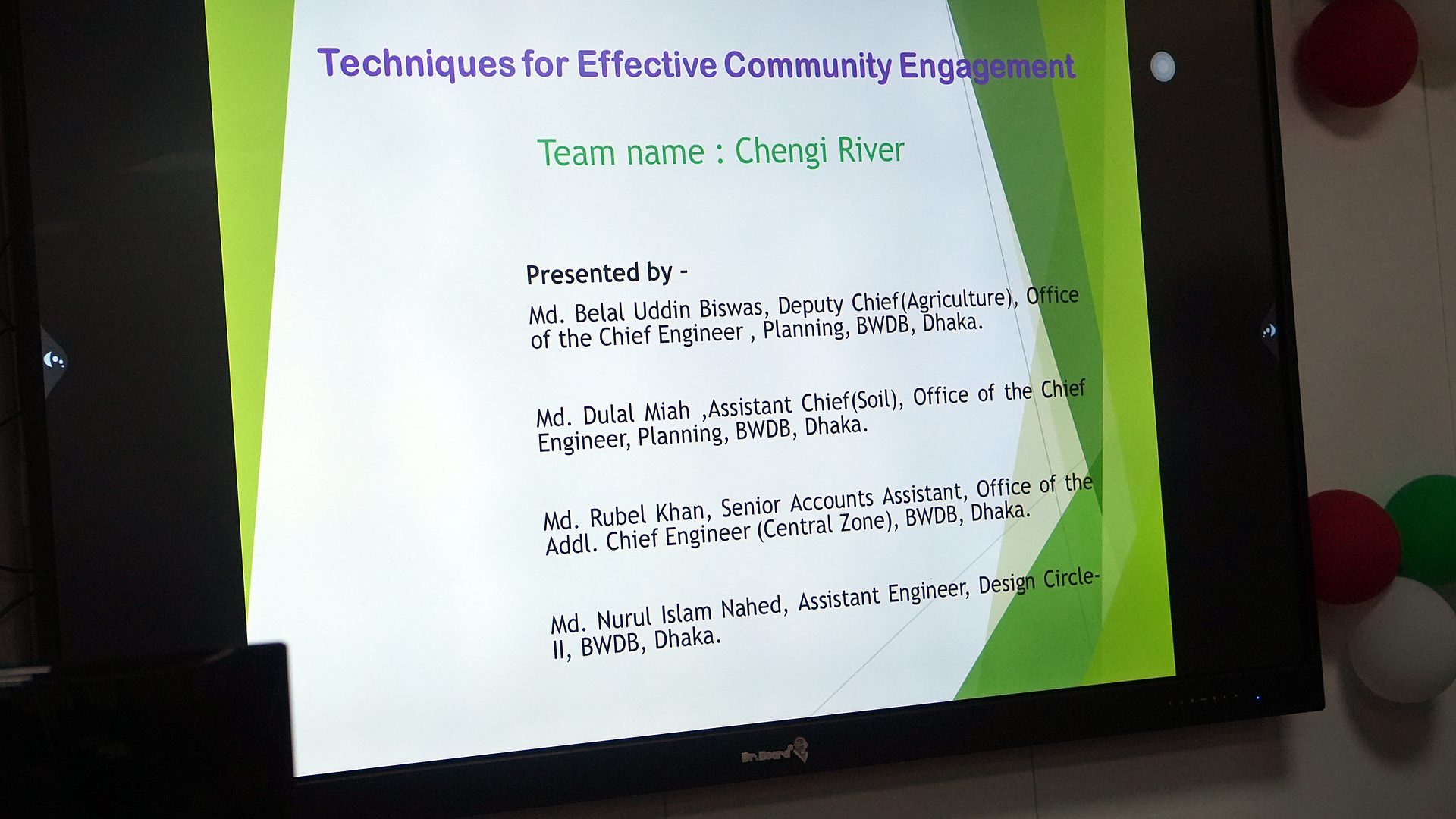 Title slide of the Chengi River team presentation
