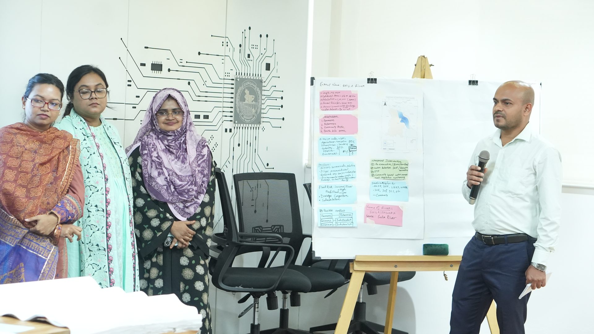 A participant group presenting a catchment analysis poster with site photographs and a data table