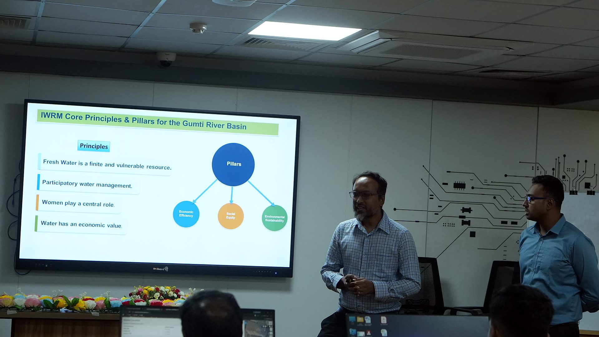 Team presenting the Gumti River IWRM principles slide