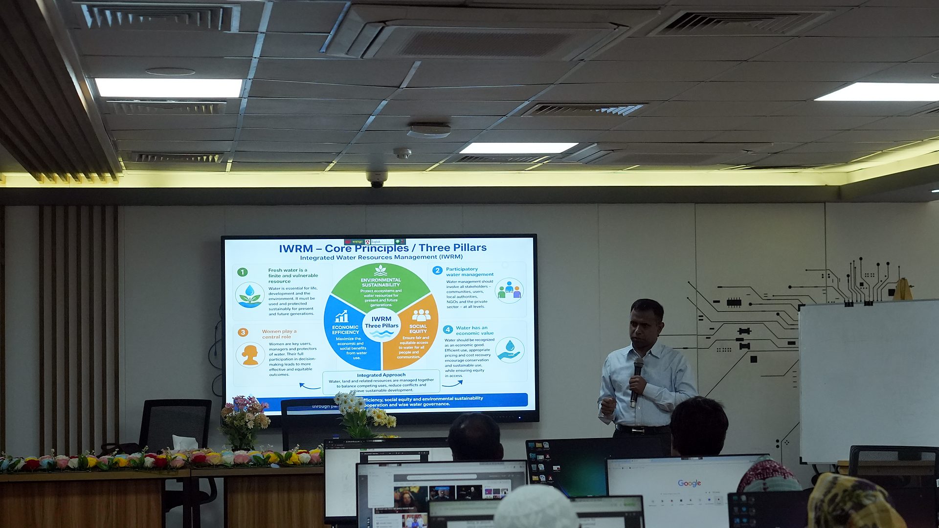 IWRM core principles and three pillars slide on the lab screen
